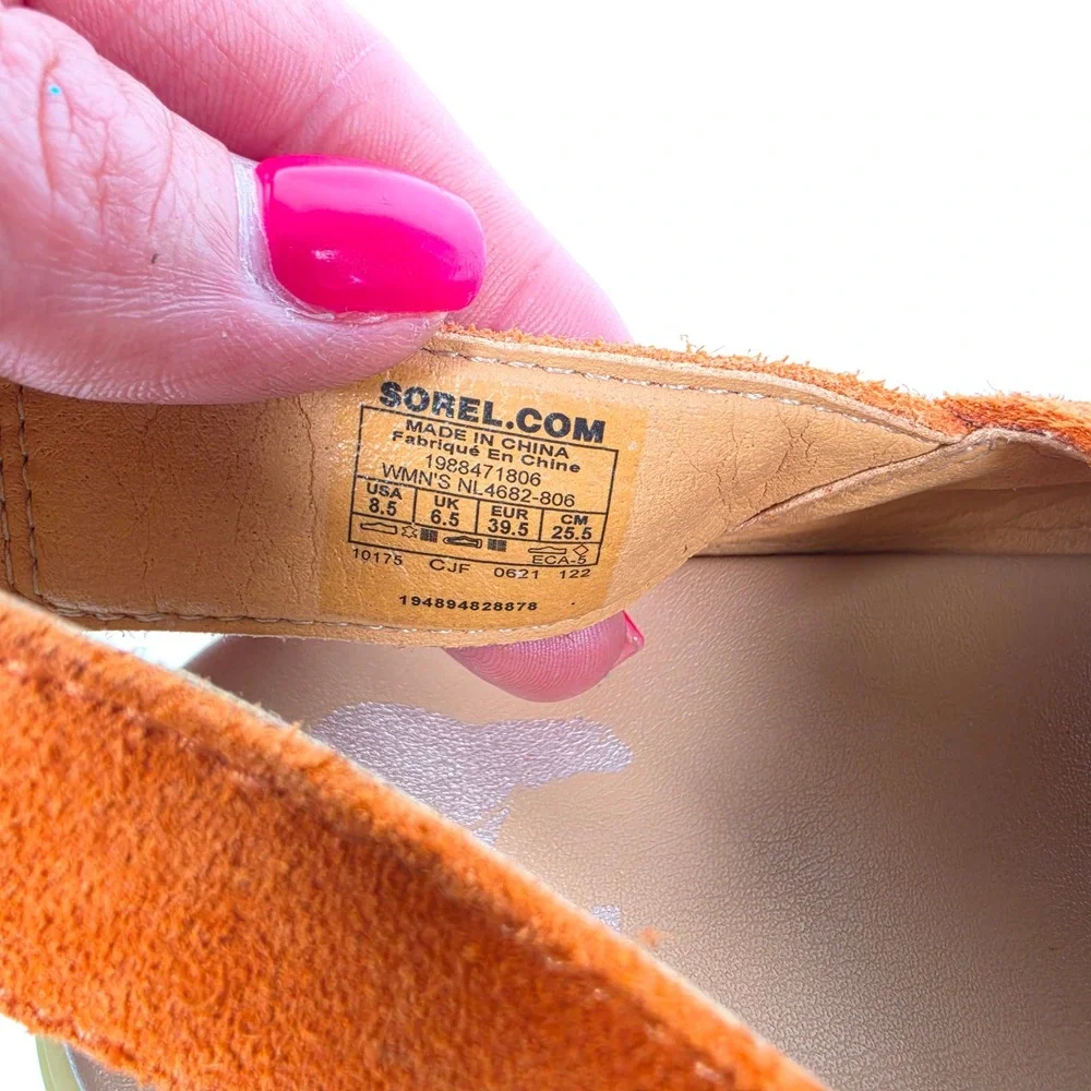 SOREL Joanie III Slingback Wedge Sandals Women's 8.5 Orange Suede Chunky Retro